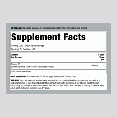 Label showing Supplement Facts for Vitamin K-2 with 100 mcg per serving, containing 60 softgels.