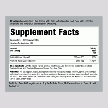 Supplement Facts panel for B12 2500+ with Folic Acid 400mcg Lozenges, 120 count.
