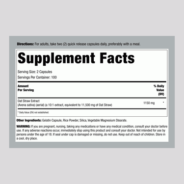 Supplement Facts for Avena Sativa (Oatstraw Extract) 1150 mg, 200 capsules.