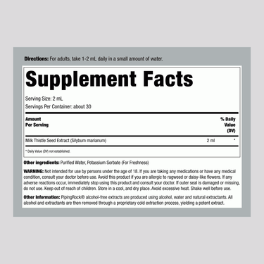 Supplement Facts panel for Milk Thistle Seed Liquid Extract 2 oz shows nutritional information clearly.