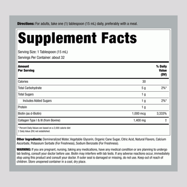 Supplement Facts panel for Carlyle Liquid Collagen 16oz.