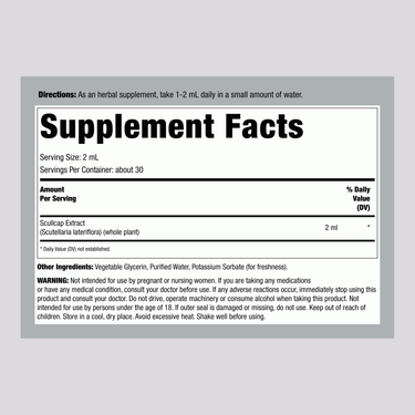 Scullcap Liquid Extract supplement facts for 2 fl oz bottle.