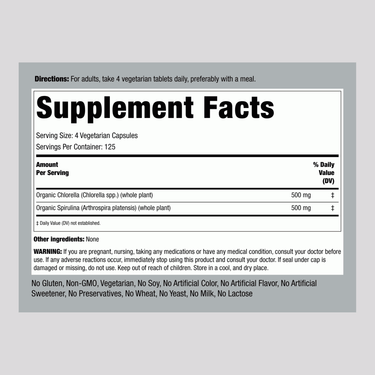 Image showing Supplement Facts panel for Organic Chlorella Spirulina 50/50 with 500 Tablets listed.