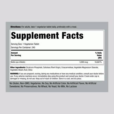 Image shows the Supplement Facts panel for Biotin 5000 mcg, 240 tablets, detailing nutritional information and serving size.