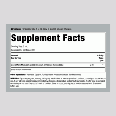 Supplement Facts panel for Lion's Mane Mushroom Liquid, 4 fl oz (118 mL) bottle.