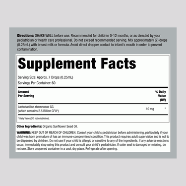 Supplement Facts panel detailing ingredients for Baby Probiotic 15 ml.