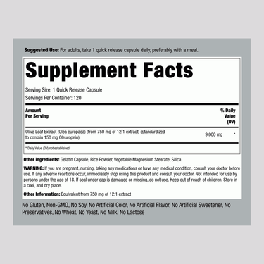 This image shows the Supplement Facts panel for Olive Leaf 750 mg Capsules, including serving size and ingredient details.