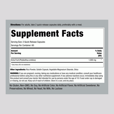 Supplement Facts panel for Amla Fruit (Indian Gooseberry) Caps 120.