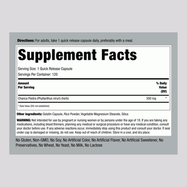 Supplement Facts panel for Chanca Piedra 500 mg capsules, 120 count, showing nutritional information.