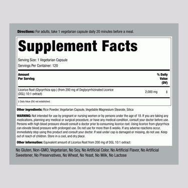 Supplement Facts for DGL 2000 mg in 120 vegetable capsules format.