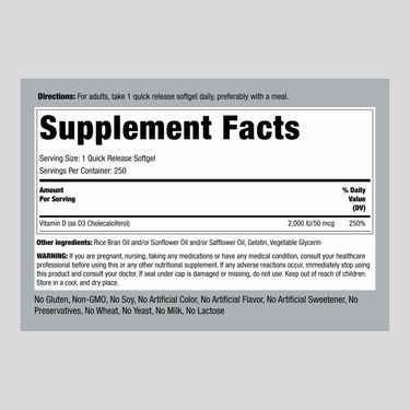 Supplement Facts panel for Vitamin D3 2000 IU Softgels, containing 250 servings.