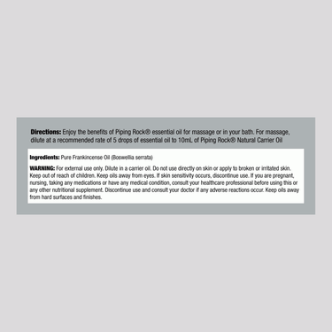 This is the Supplement Facts panel for a 15 mL Frankincense Oil bottle, detailing nutritional information and ingredients.