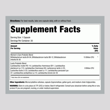 Supplement Facts for Ult Flora Women's GOPACK with 15 Billion CFUs and 30 Veg Capsules.