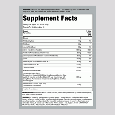 Supplement Facts for CL Ultra Joint Support, 1 lb (454 g) powder.