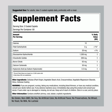 Supplement Facts for Gluco/Chond/Hyaluronic Acid 160 Coated Tab.