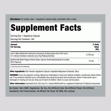 Supplement Facts panel for Lion's Mane Mushroom 160 capsules displayed clearly.