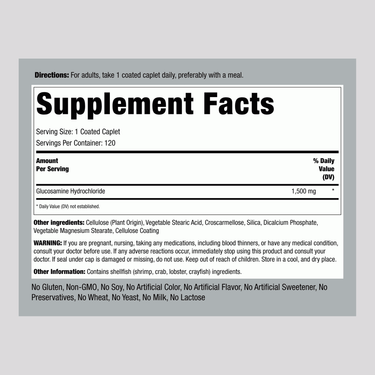 Supplement Facts panel for Glucosamine 1500 mg Coated Tablets, 120 count.