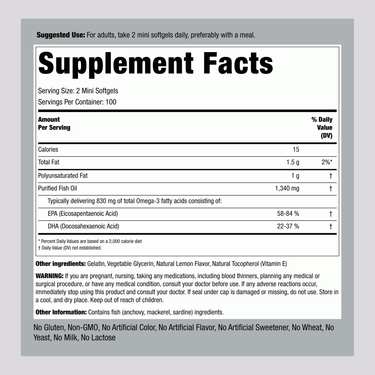 Supplement Facts for Mini Omega-3 Fish Oil: 415mg Lem, 1300mg, 200 softgels.