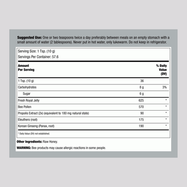 Supplement Facts for YS Organics Royal Jelly in Honey, 20.3 oz jar displayed.