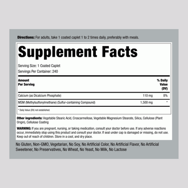 Supplement Facts panel for Mega MSM + Sulfur 1500 mg, 240 coated caplets.