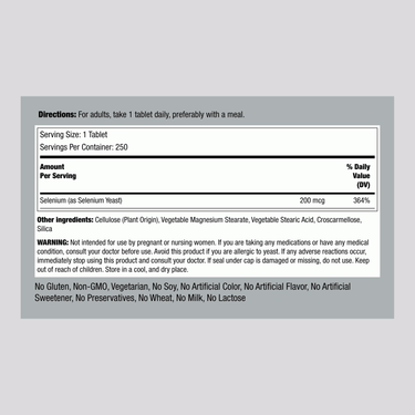 The Supplement Facts panel displays details for Selenium 200 mcg Tablets, 250 count.