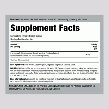 Supplement Facts panel for Pycnogenol 50 mg Capsules, 60 count.
