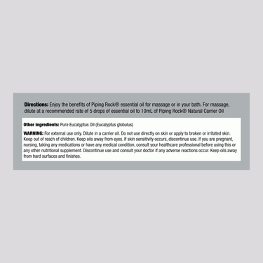 The supplement facts panel for Eucalyptus Oil, 2 oz, detailing ingredient information and nutritional content as per the label.