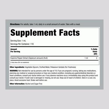 Supplement Facts panel for PIP Cayenne Liquid Extract, 4 fl oz (118 mL) includes detailed ingredient information.