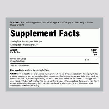 Image of the Supplement Facts panel for Licorice Root Liquid Extract, 2 oz bottle.