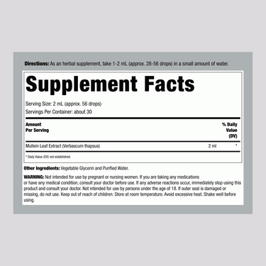 The Supplement Facts panel for Horbaach Mullein Leaf Liquid Extract, 2 fl oz.