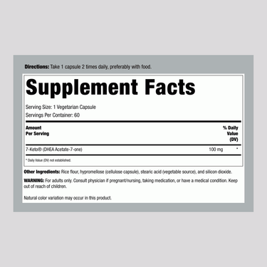 Supplement Facts panel for 7-KETO 100MG with 60 VegCaps displayed in detail.