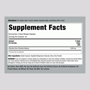 Supplement Facts label for Recall Elements Citicoline Capsules, 60-count, detailing nutritional information.