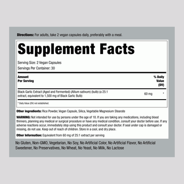 Supplement Facts panel for Black Garlic 1500 mg, 60 Capsules.