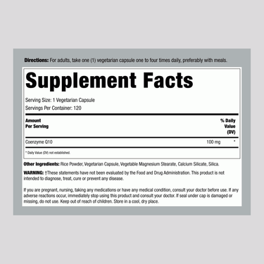 Image of Supplement Facts for CoQ10 100 mg VEG Capsules, featuring details for 120 capsules.