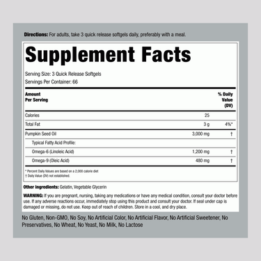 Supplement Facts for Pumpkin Seed Oil 3000 mg Softgels, 200 count.