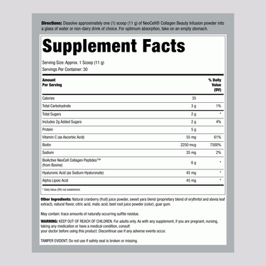 Supplement Facts panel for NCL Collagen Beauty Infusion Cranberry 9.1 oz.