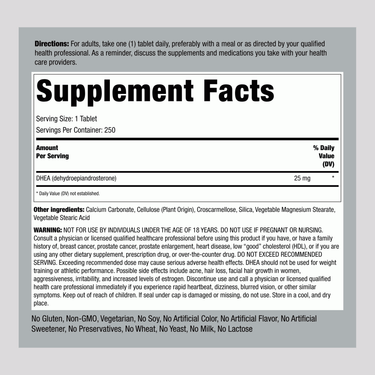 DHEA supplement facts panel for a bottle of 250 tablets with 25 mg per tablet.