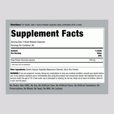 Supplement Facts panel displaying information for Hops Capsules 180.