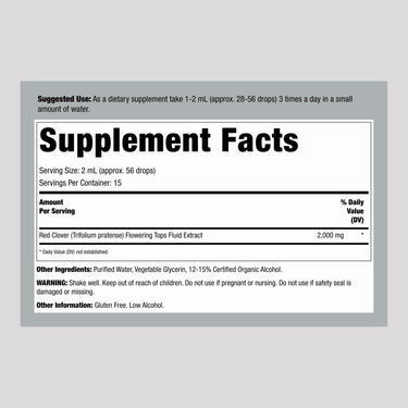 Supplement Facts for Natural Answer Red Clover Liquid 1 oz, detailing ingredients and nutritional information.