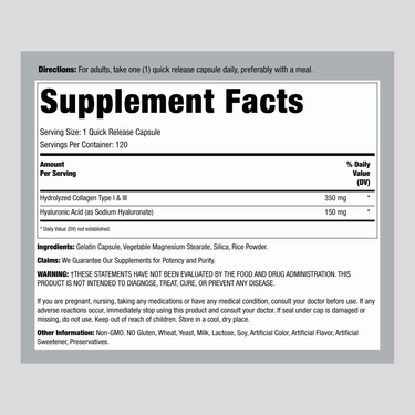 Supplement Facts panel for Hyaluronic Acid Plus Collagen 120 C.