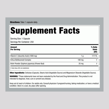 Supplement Facts panel showing details for Now Vitamin C 1000 mg with Bioflavonoids, containing 250 capsules.