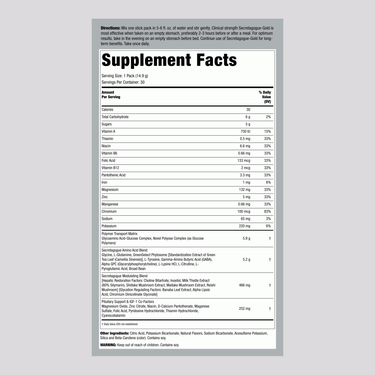 Supplement Facts panel of MHP Secretagogue Gold with 30 packets.