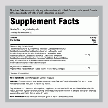 Supplement Facts for Garden of Life Probiotics Once Daily Women with 50 Billion CFU in 30 capsules.
