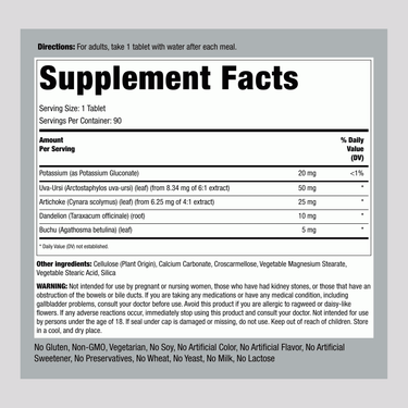 Bottle label showing supplement facts for water pill tablets, contains 90 tablets per bottle, detailing ingredients and dosage.