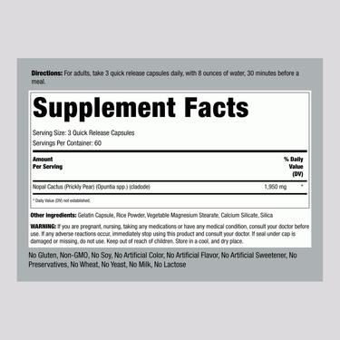 Supplement Facts panel for Prickly Pear Cactus 1950 mg Capsule, 180 count.
