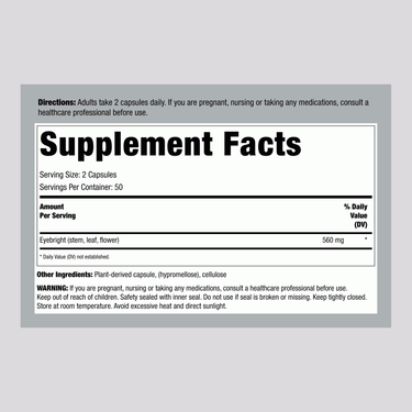 The label provides the supplement facts for Eyebright with 860 mg per serving, available in 100 capsules.