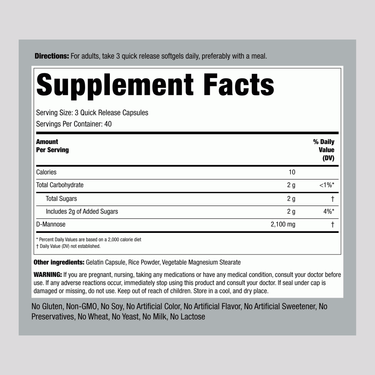 Supplement Facts panel for D-Mannose 2100mg, 120 Capsules.