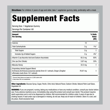 Supplement Facts label for NT Kids C + Zinc, 60 Gummies.