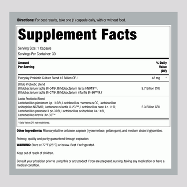 Supplement Facts panel showing ingredients for Ult Flora Everyday 15 Billion.