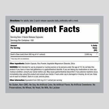 Image of Supplement Facts panel for Devil's Claw 2000 mg, 200 Capsules, detailing ingredients and nutritional information.